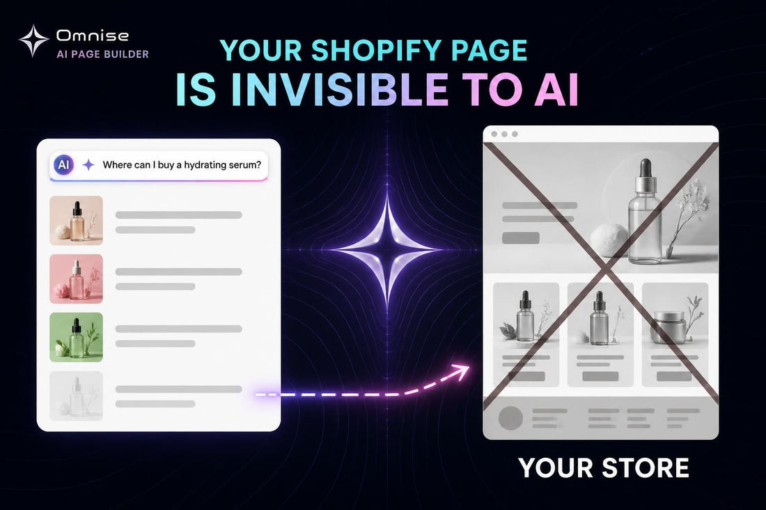An AI shopping assistant listing three stores with a fourth slot greyed out, beside a complete Shopify storefront crossed out — the store it could not read