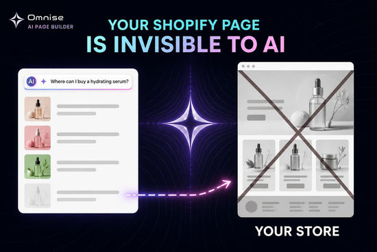 An AI shopping assistant listing three stores with a fourth slot greyed out, beside a complete Shopify storefront crossed out — the store it could not read
