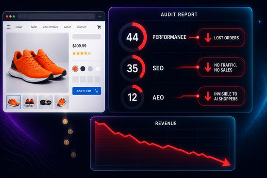 A Shopify product page beside an audit report showing low performance, SEO and AEO scores and falling revenue