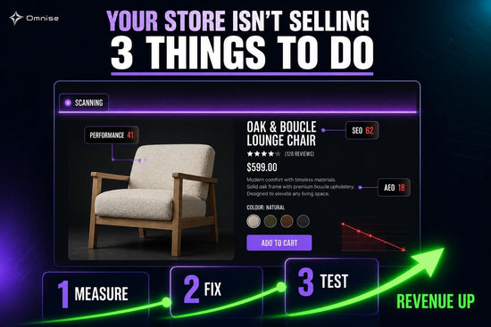 A Shopify store page being scanned, scoring 41 for performance and 18 for AEO