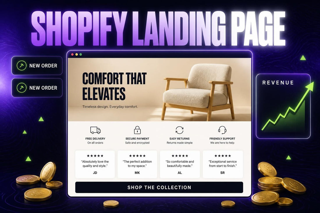 A Shopify landing page for a furniture store, with revenue climbing and new orders arriving