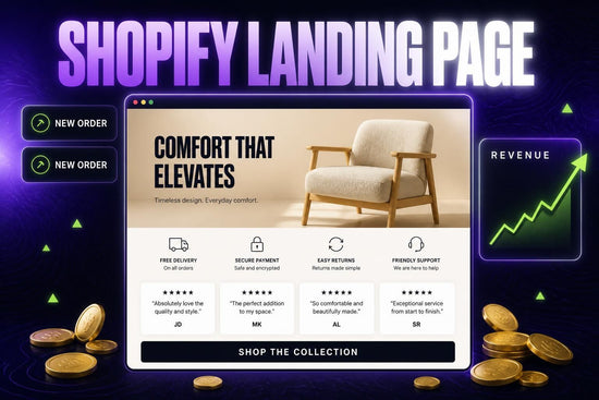 A Shopify landing page for a furniture store, with revenue climbing and new orders arriving
