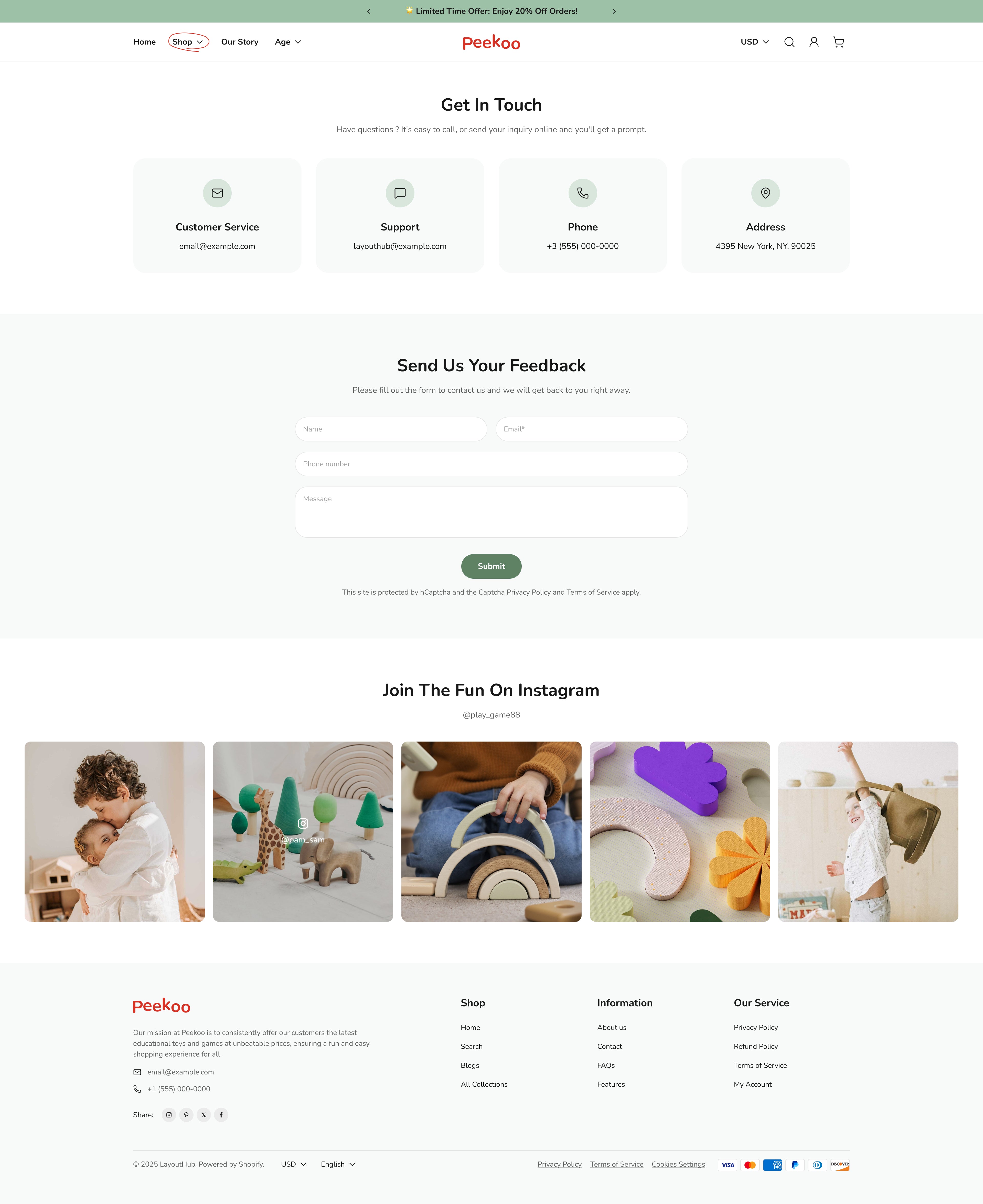 peekoo contact page template for Shopify Toys Store on Desktop