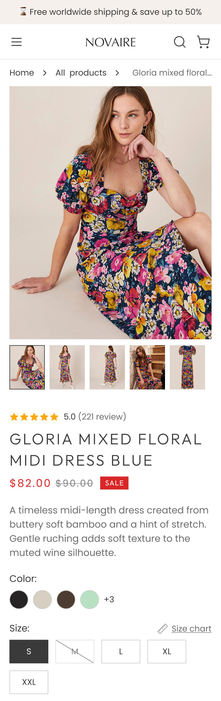 novaire clothing product page mobile