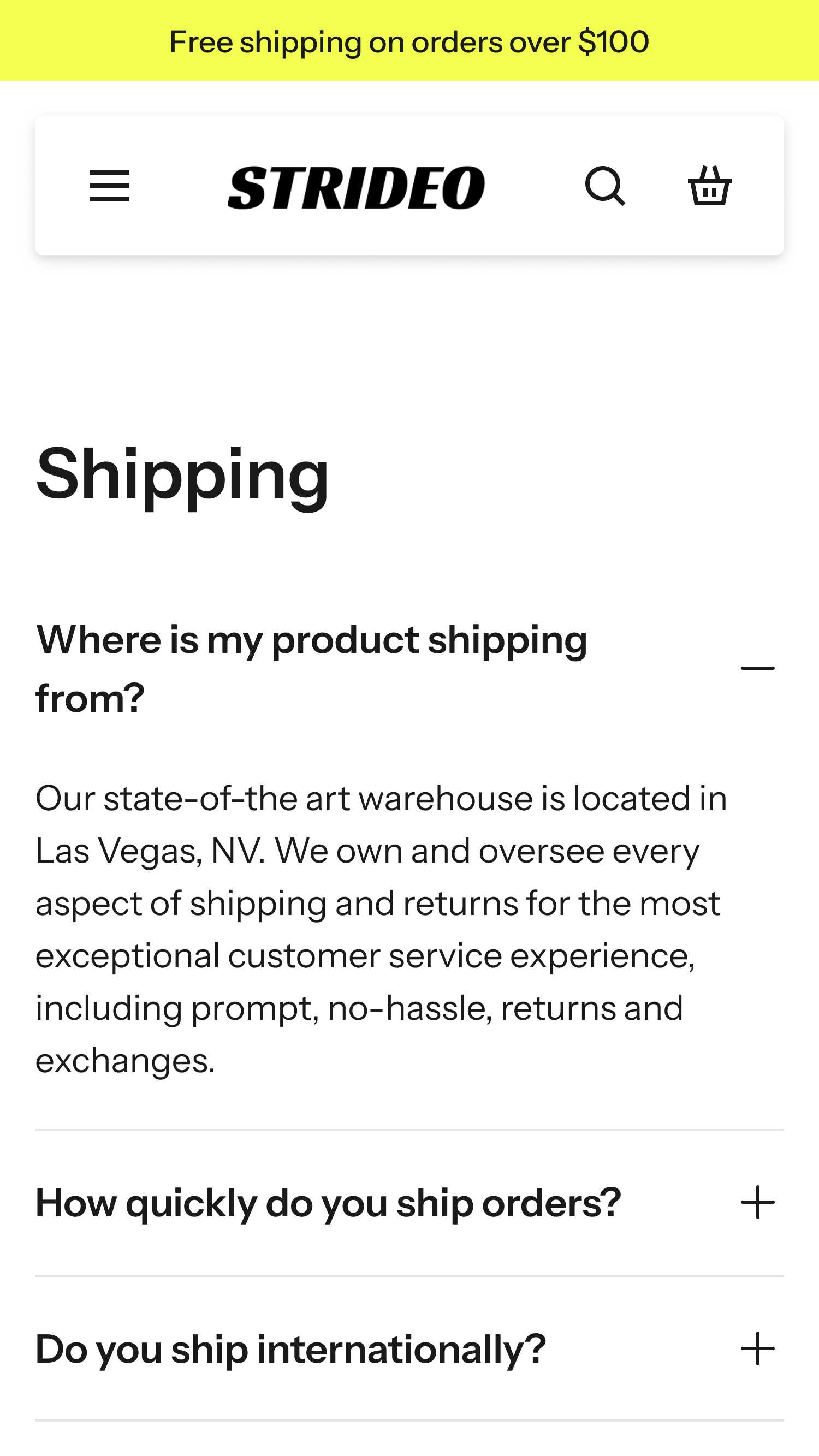 Strideo FAQ Page template for Shopify Shoes Store on Mobile view