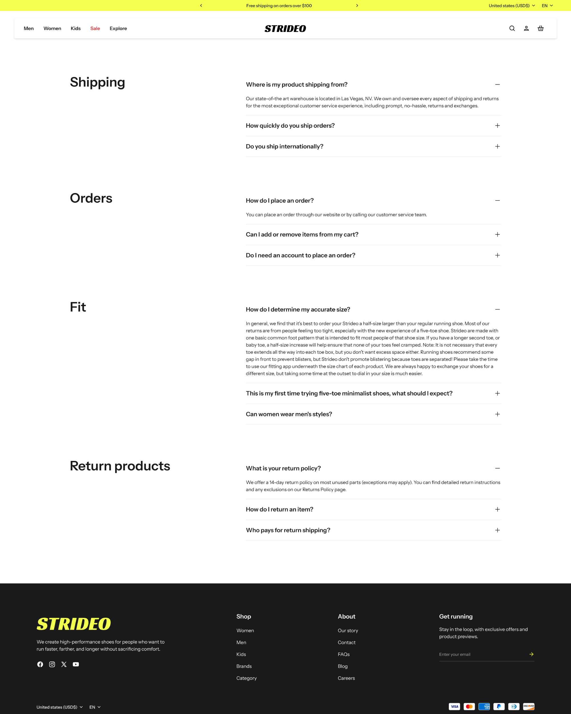 Strideo FAQ Page template for Shopify Shoes Store on Desktop view