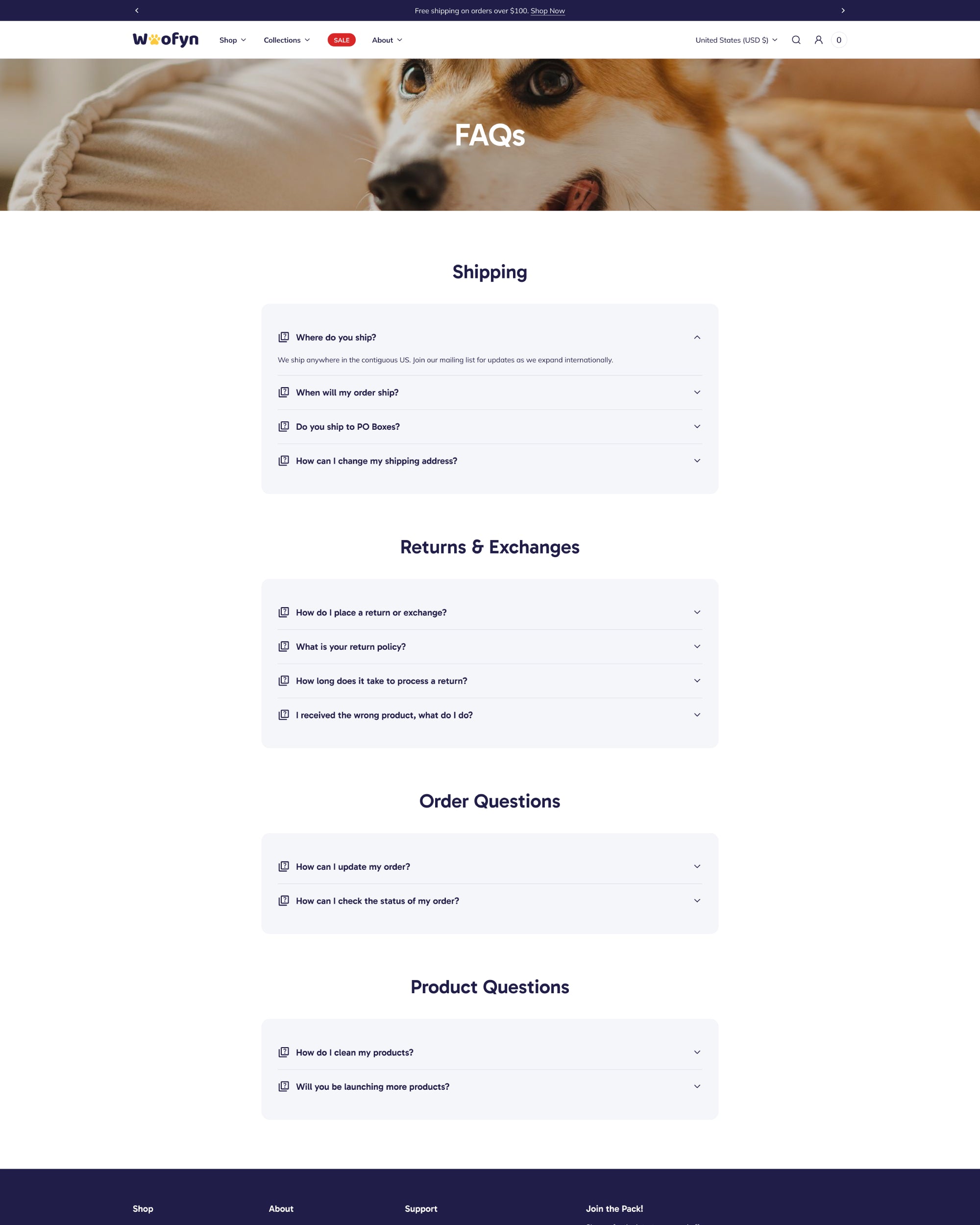 Wofyn FAQ Page template desktop for Shopify Pets Store