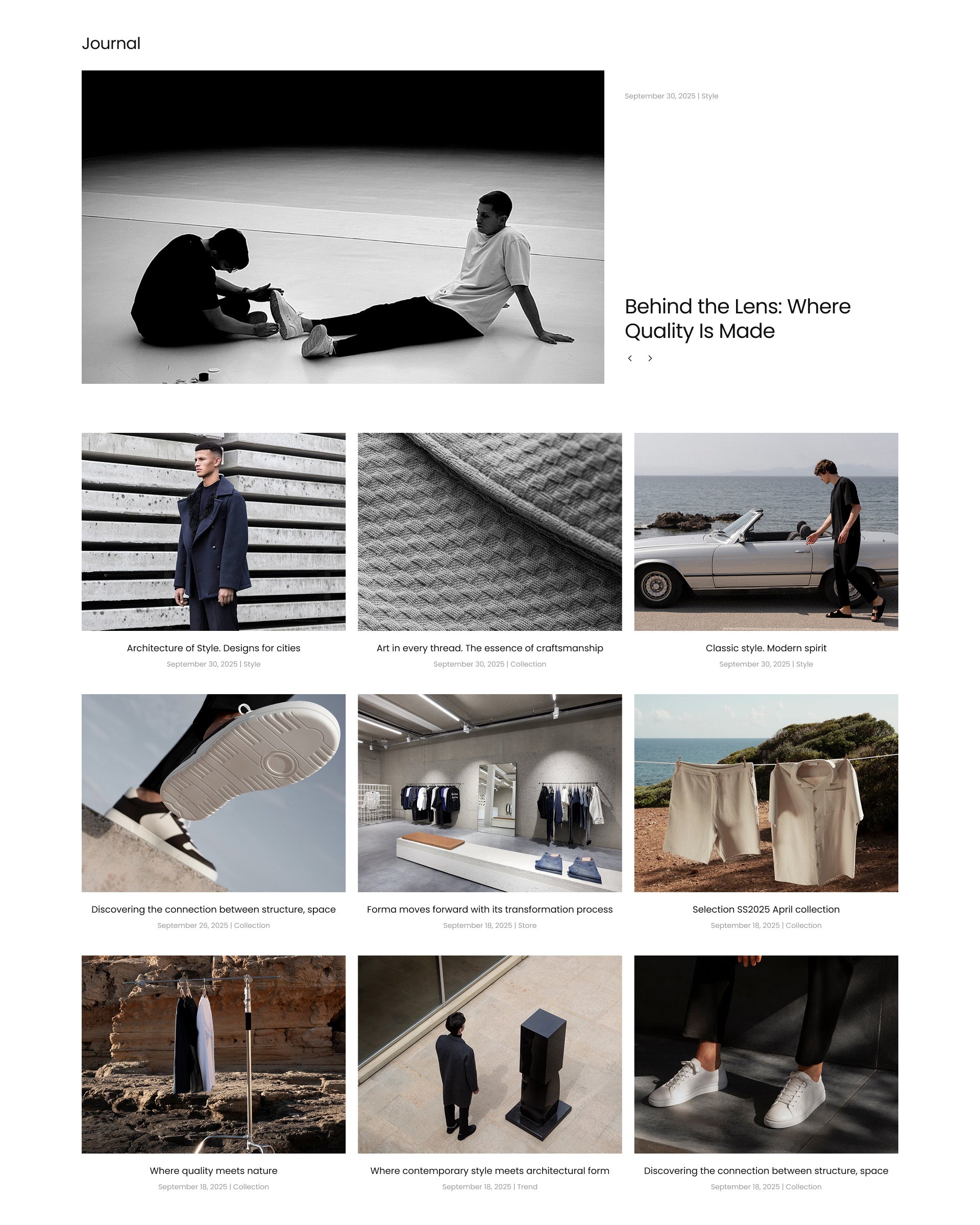 Essen Clothing Blog Page on Shopify desktop