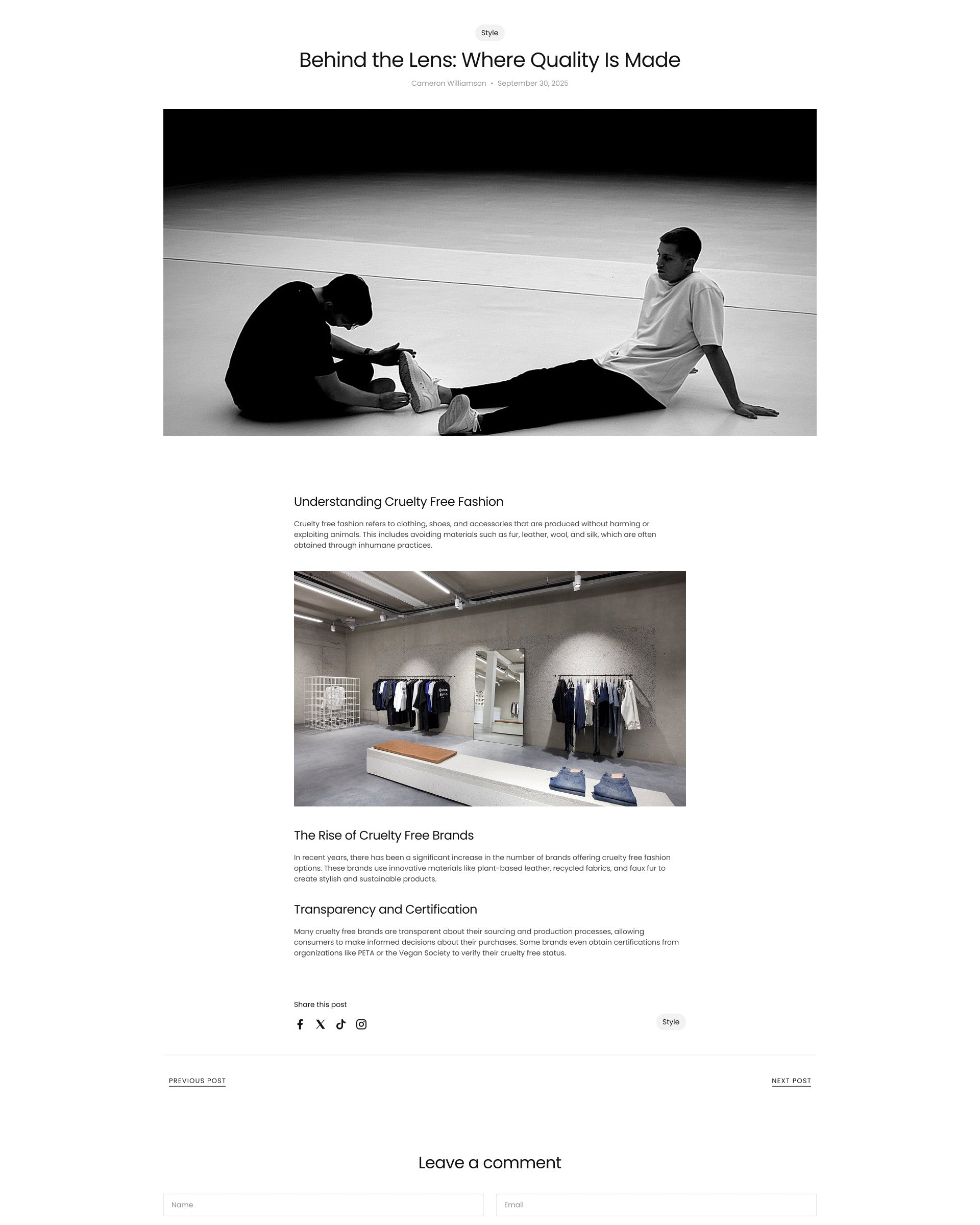 Essen Clothing Blog Post Page for Shopify desktop