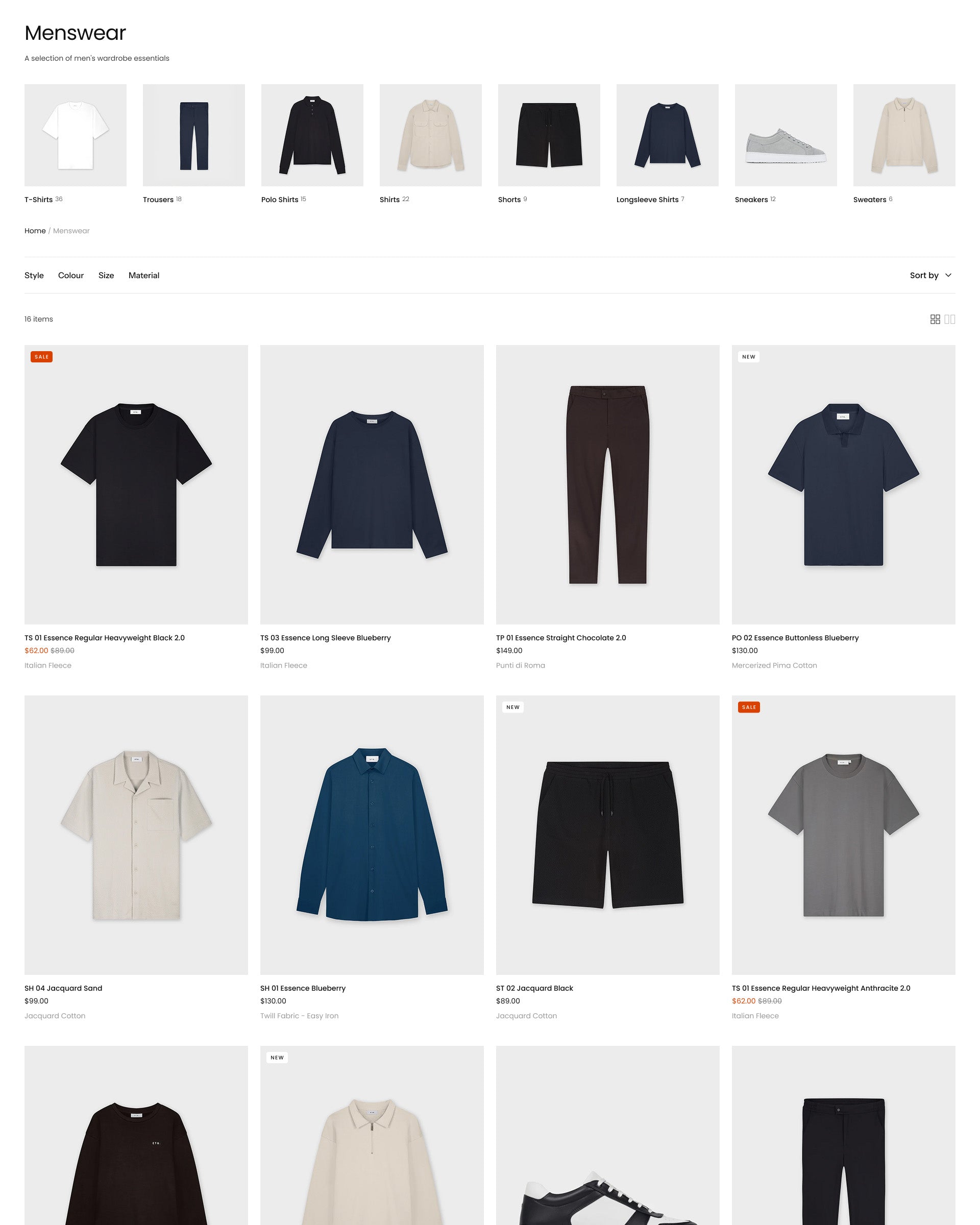 Essen Clothing Collection Page for Shopify store