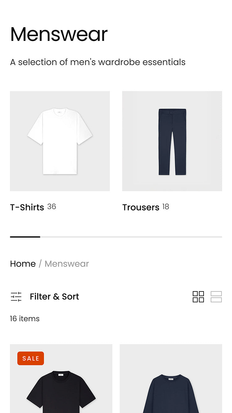 Essen Clothing Collection Page for Shopify store mobile