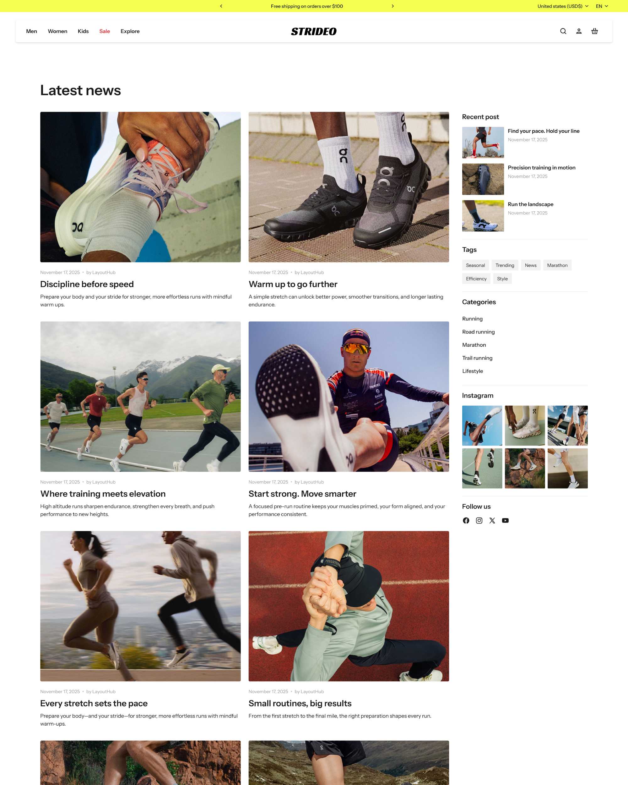 Strideo blog page template for shopify Sneaker Store on Desktop view