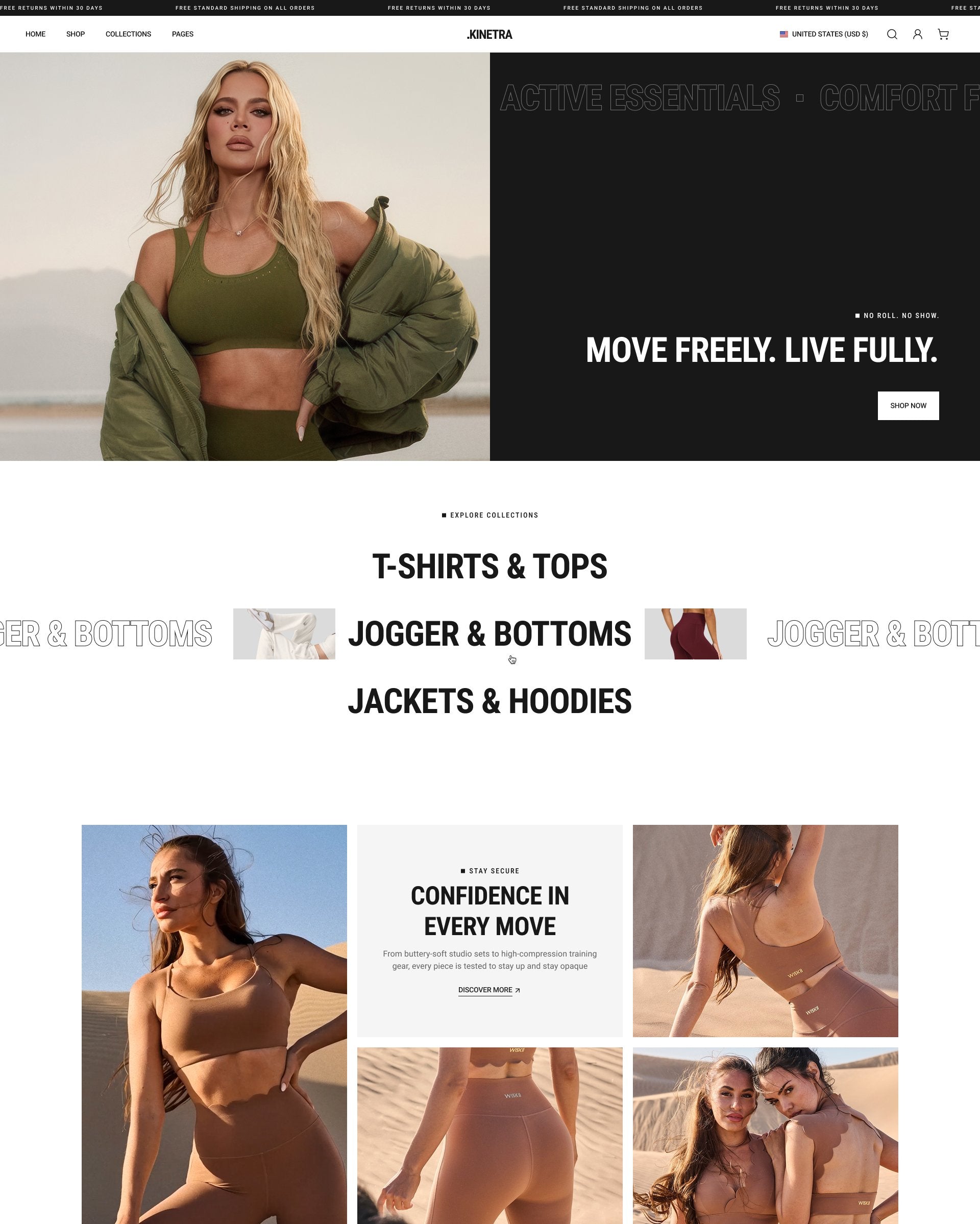 Kinetra Clothing Homepage for Shopify on desktop