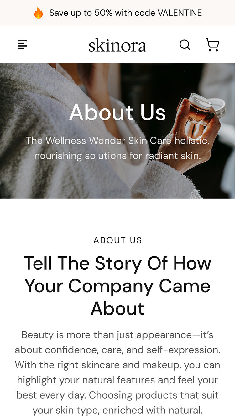 Skinora Beauty About Page template on Shopify mobile