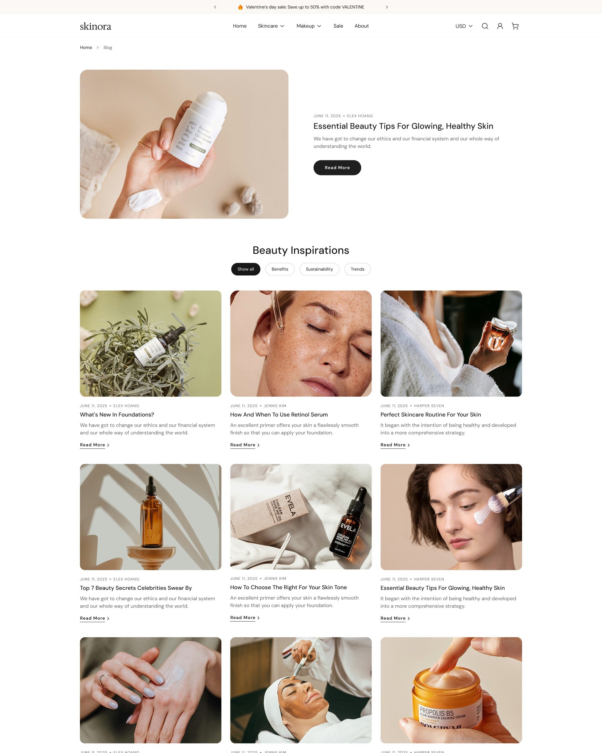 Skinora Beauty Blog Page template on Shopify