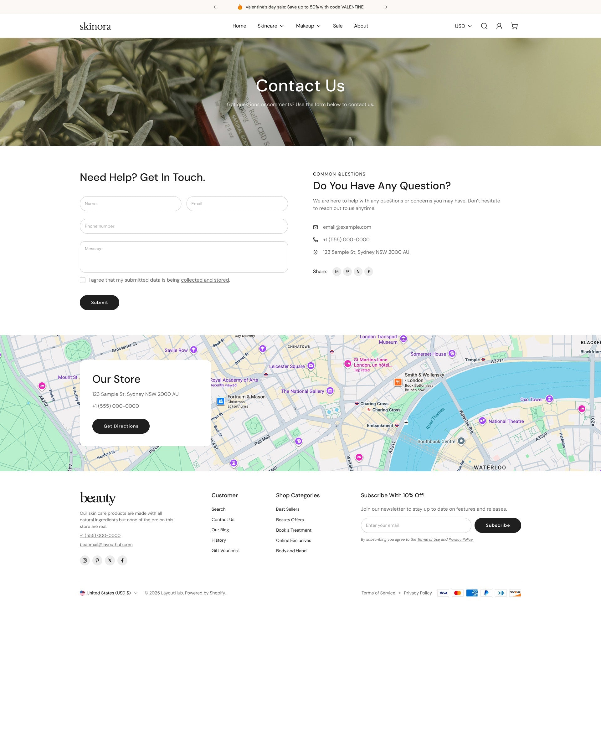 Skinora Beauty Contact Page template for Shopify