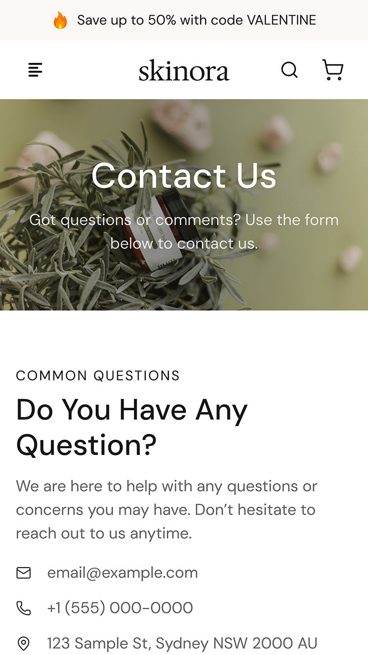 Skinora Beauty Contact Page template for Shopify mobile