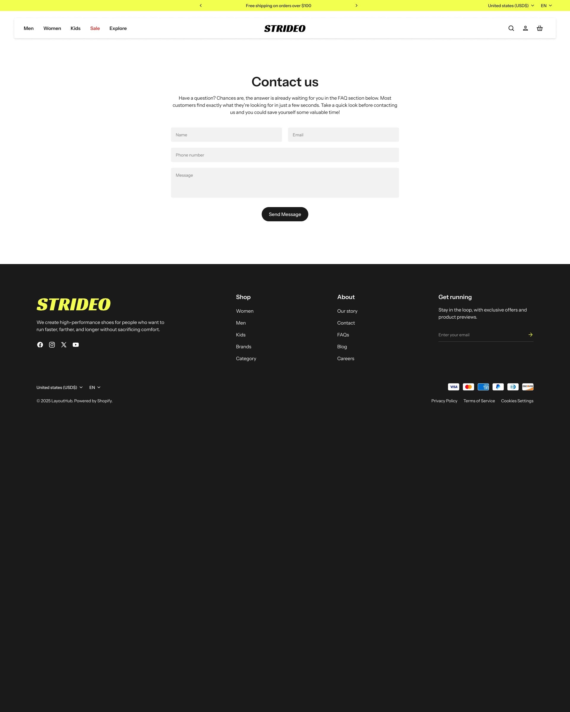 Strideo Shoes Contact Page Template for Shopify store