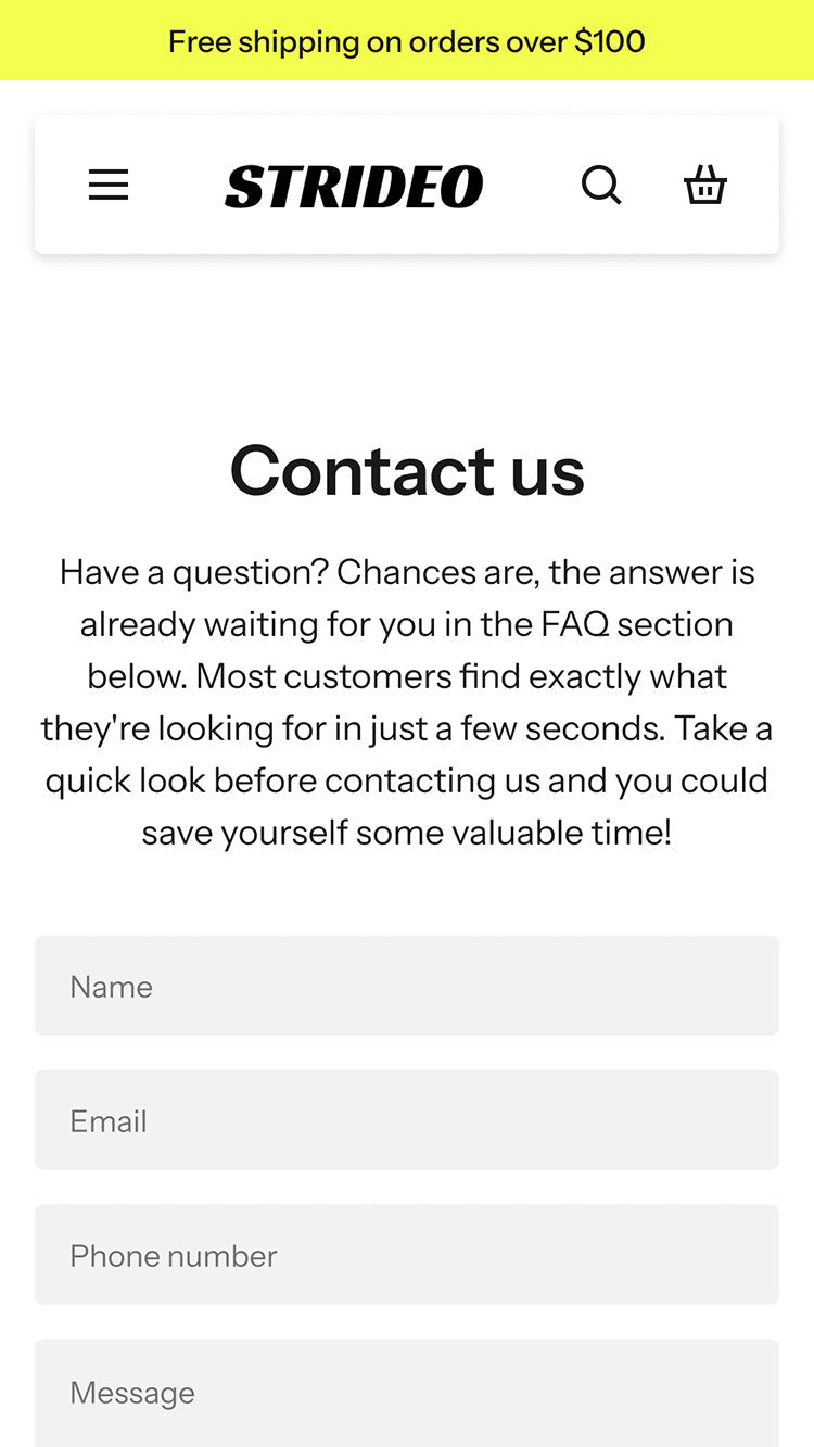 Strideo Shoes Contact Page Template for Shopify store mobile