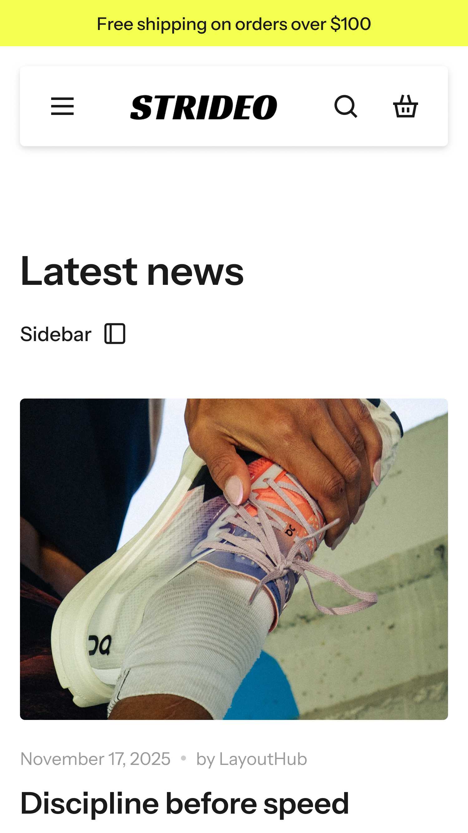 Strideo blog page template for shopify Sneaker Store on mobile view