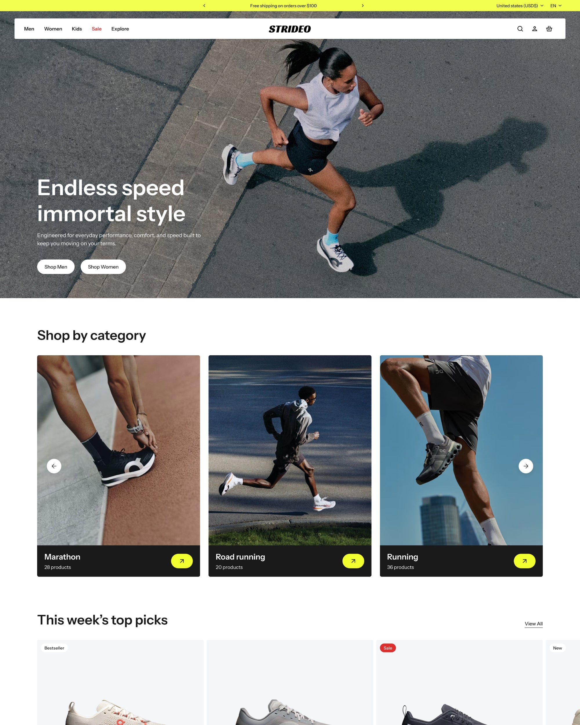 strideo homepage template for shopify shoe store on desktop mode