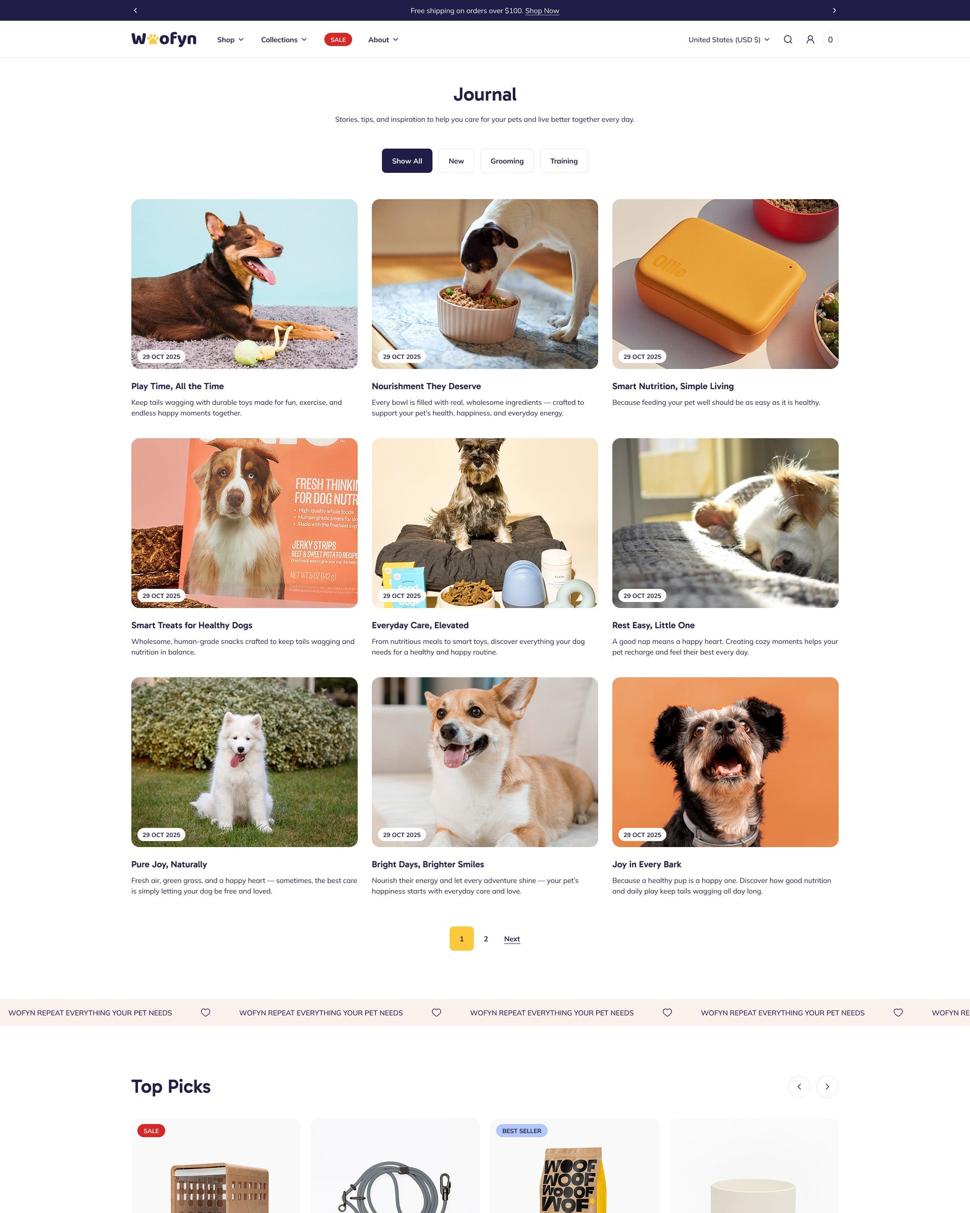 Wofyn Pets Blog Page template for Shopify store