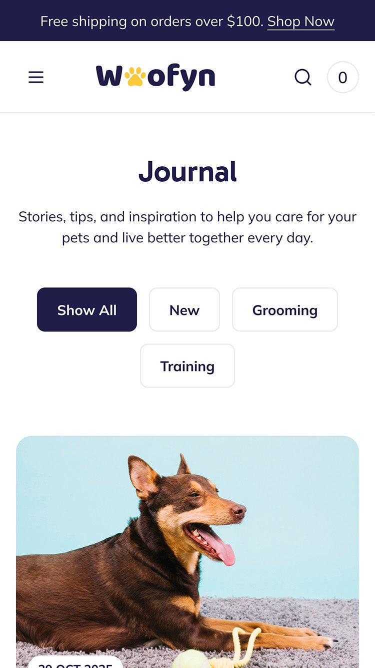 Wofyn Pets Blog Page template for Shopify store mobile